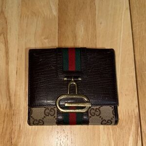 Gucci Brown & Green-Red Web Stripe Compact Wallet